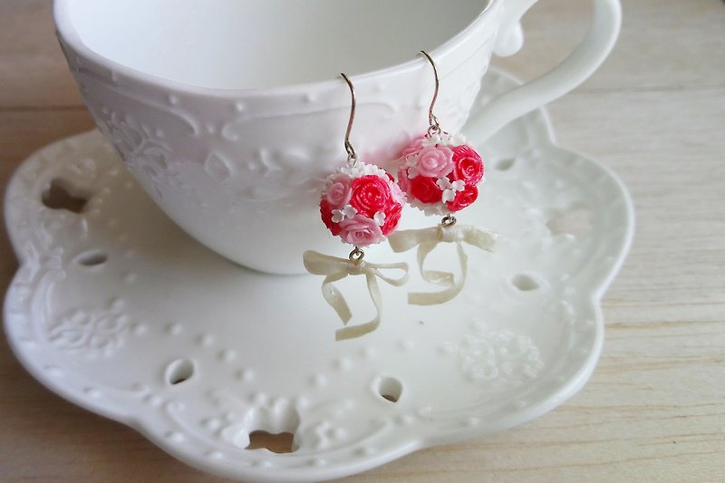 Pink Bridal Bouquet Sterling Silver Earrings/ Clip-On - ต่างหู - ดินเหนียว สีแดง