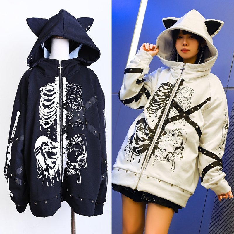 Kawaii punk grunge PARASITIC kitten rib cage studded ear hooded jacket JJ2510 - เสื้อโค้ทผู้ชาย - ผ้าฝ้าย/ผ้าลินิน 