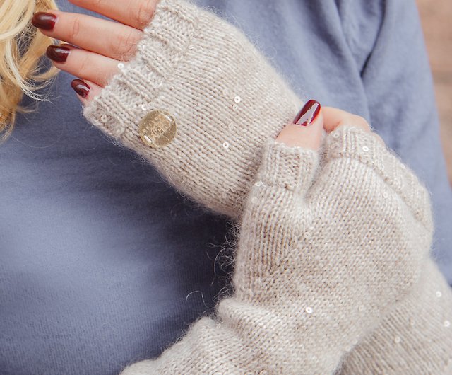 Cashmere with sequins fingerless. Mohair beige arm warmers