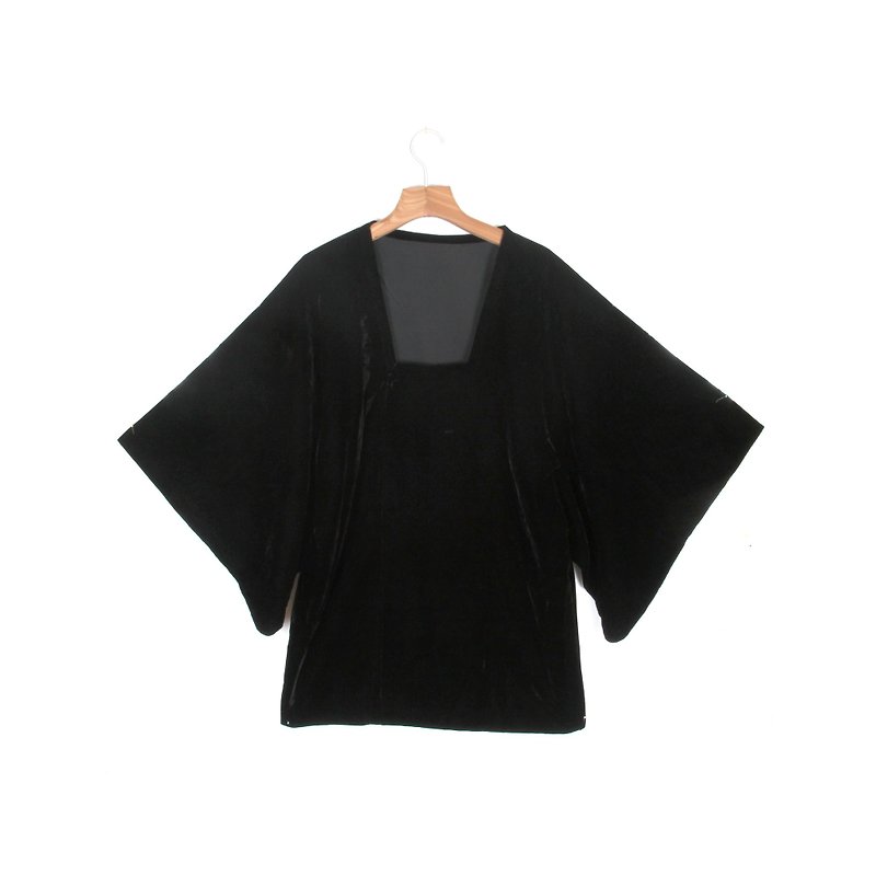 Egg plant vintage black velvet vintage kimono Yu woven coat - เสื้อแจ็คเก็ต - เส้นใยสังเคราะห์ สีดำ