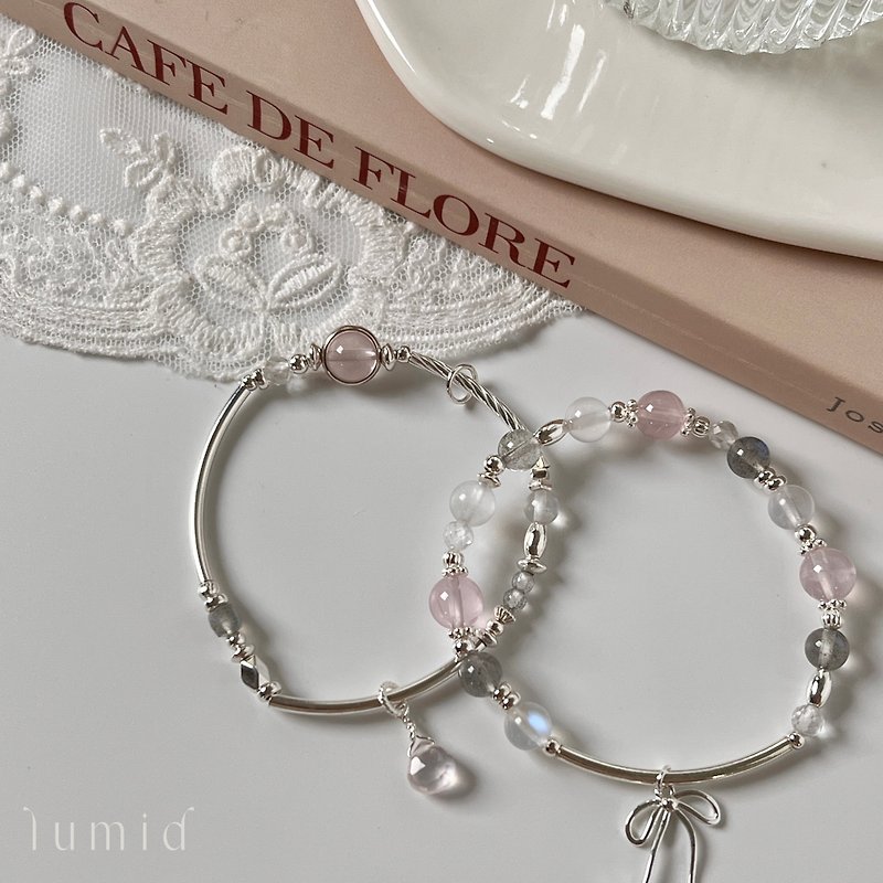Pink Quartz Moonstone Labradorite White Crystal/Natural Crystal Bracelet Valentine's Day Gift Sterling Silver - Bracelets - Crystal Pink