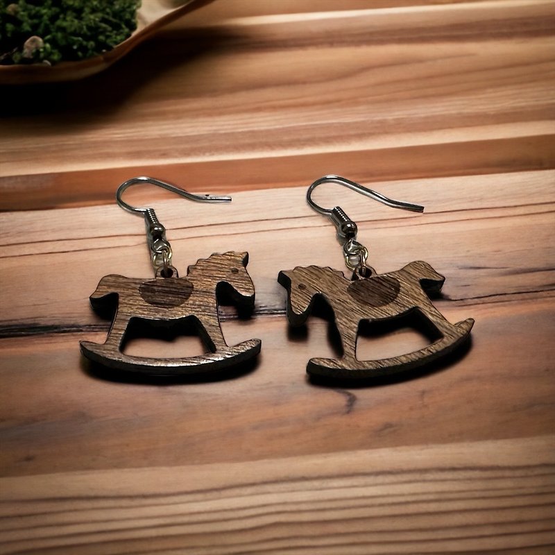 Cute little wooden horse series - Earrings & Clip-ons - Wood Brown