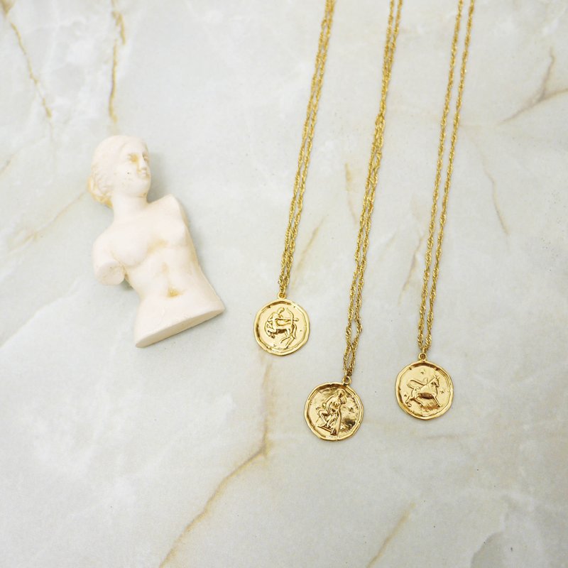 Greek vintage horoscope necklace - สร้อยคอ - โลหะ สีทอง