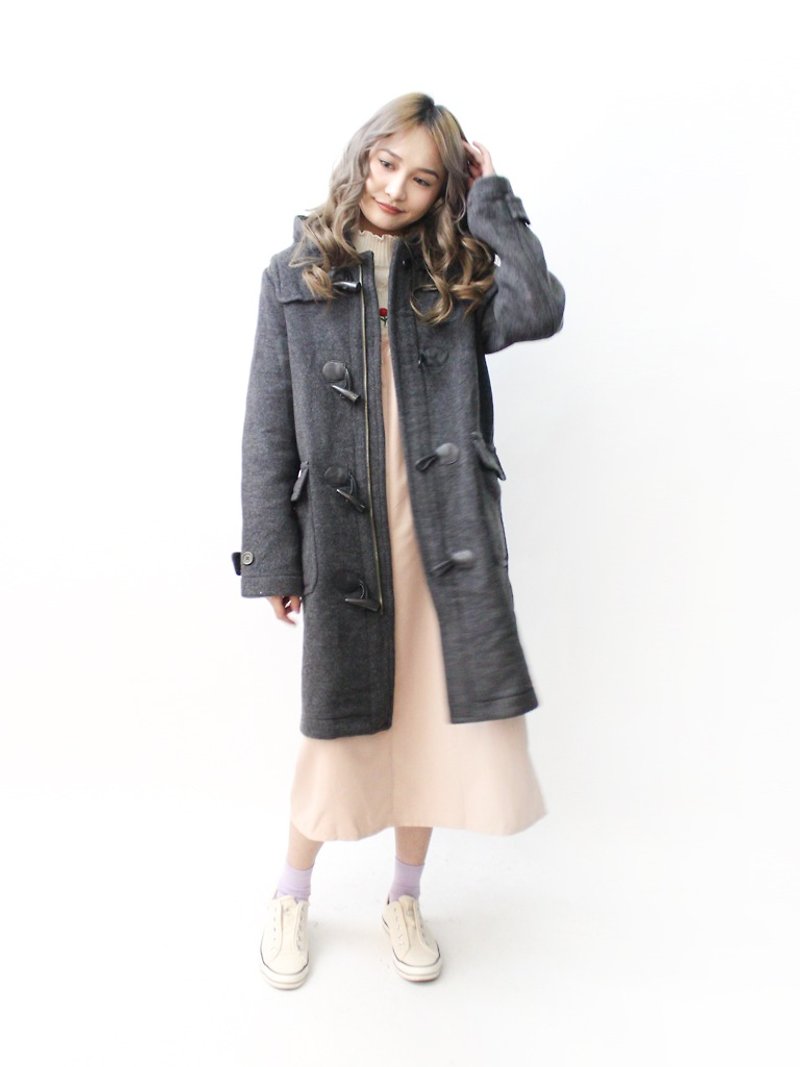 [RE1115C436] autumn and winter college style pattern grain wool hooded hooded vintage coat button coat - เสื้อแจ็คเก็ต - ขนแกะ สีเทา
