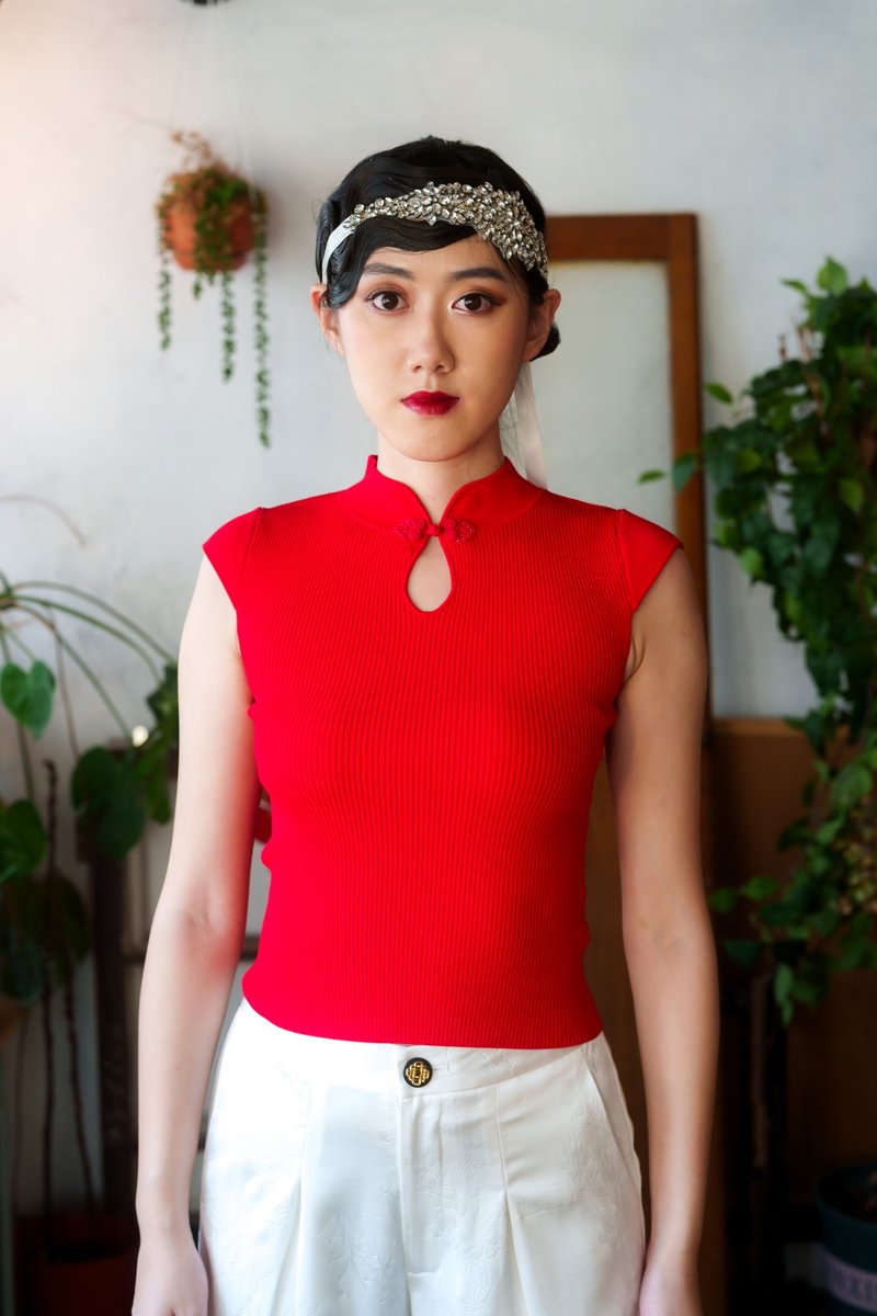 水滴領小鳳仙袖旗袍上衣 (紅色)|香港設計|古典|氣質|日常穿着 - 女上衣/長袖上衣 - 其他材質 紅色