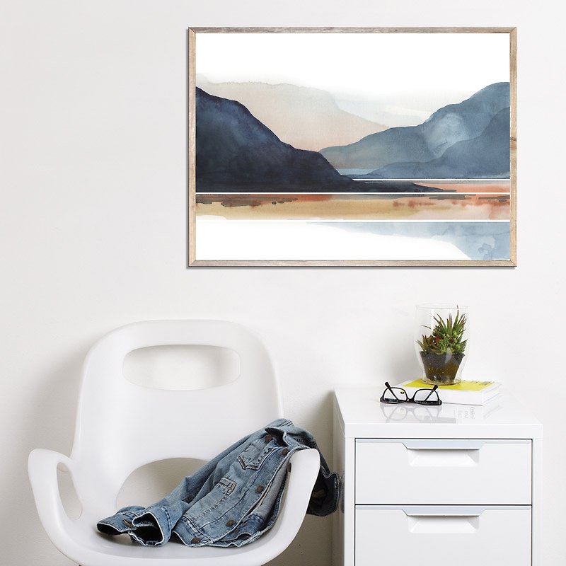 Mountain Lake Print Sunset Watercolor Painting Abstract Landscape Wall Art - 掛牆畫/海報 - 紙 藍色