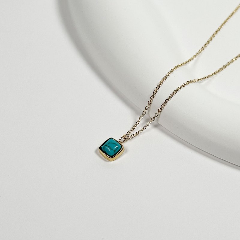 Natural blue turquoise 316 medical steel necklace/natural Gemstone Stainless Steel necklace necklace clavicle chain square - สร้อยคอ - เครื่องประดับพลอย สีน้ำเงิน