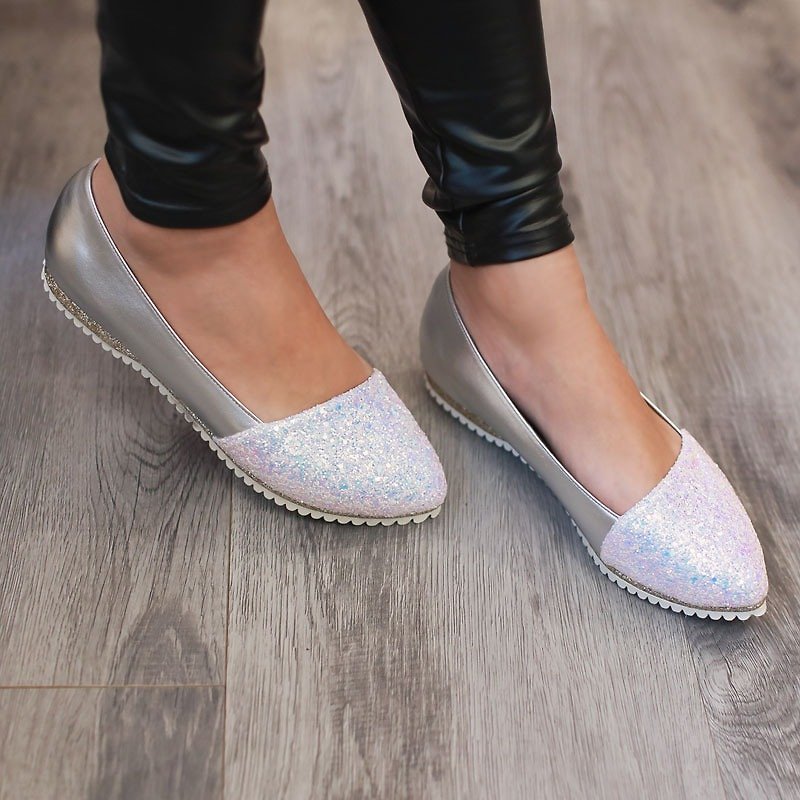 AliyBonnie親子鞋(媽咪款) 閃亮星空娃娃鞋-璀璨白 - 芭蕾舞鞋/平底鞋 - 真皮 銀色