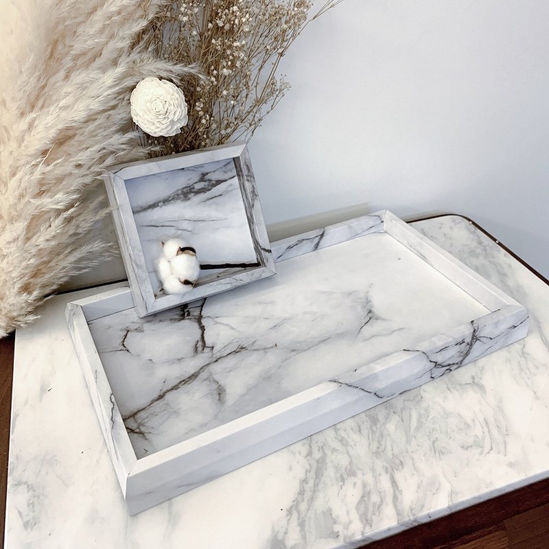 White marble decal size combination tray - กล่องเก็บของ - ไม้ ขาว