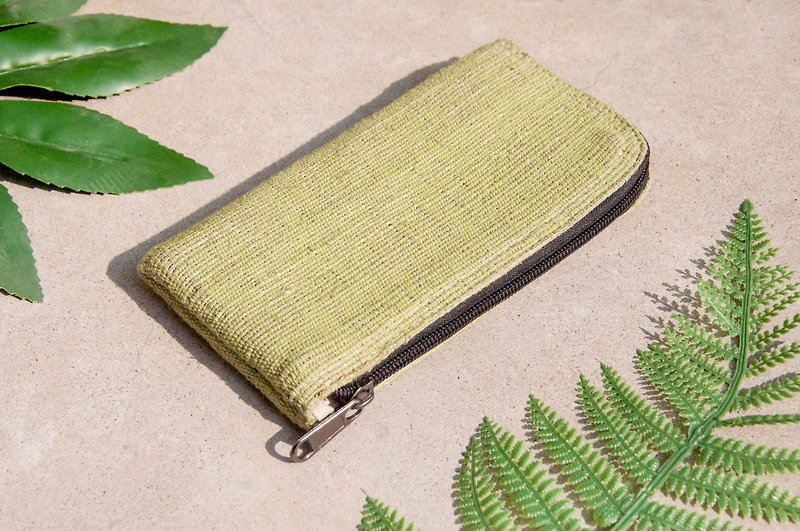 Handmade cotton and linen wallet / woven stitching leather long clip / long wallet / purse / woven wallet - green - Wallets - Cotton & Hemp Green