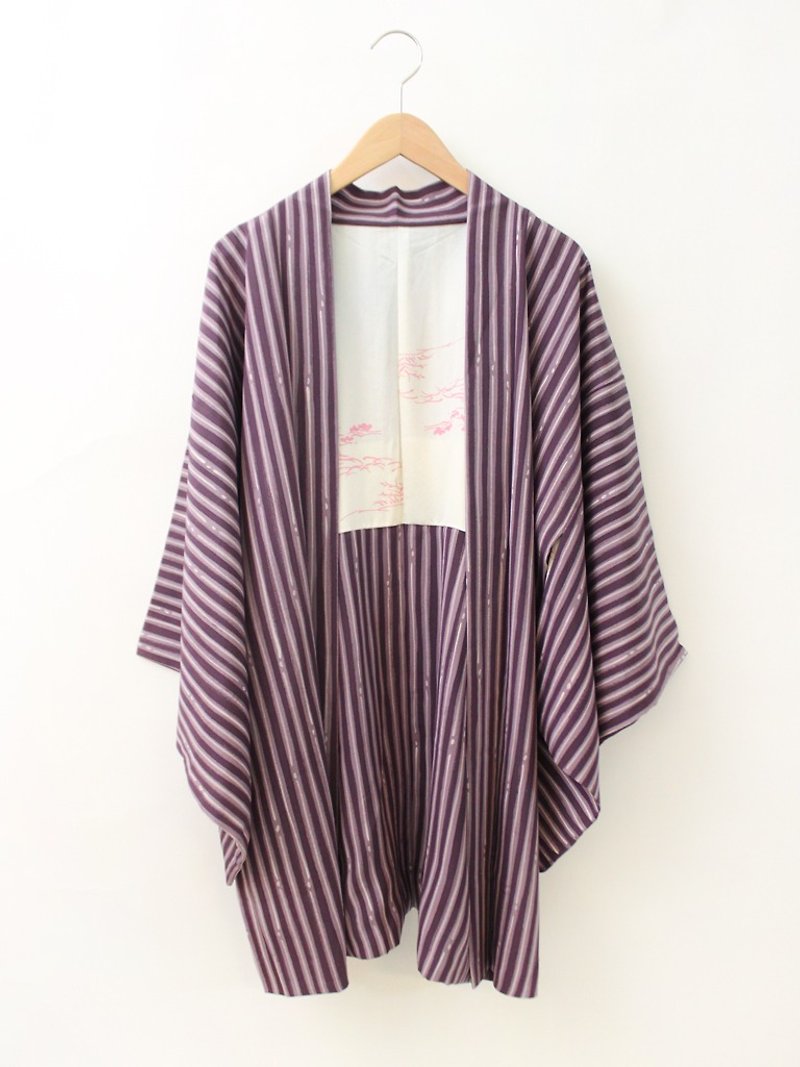  復古日本製和風印花紫色條紋寬鬆古著羽織和服外套罩衫開衫  - 外套/大衣 - 聚酯纖維 紫色