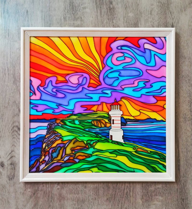 海边灯塔画美丽的日落手绘艺术彩色玻璃装饰 - 壁貼/牆壁裝飾 - 玻璃 藍色