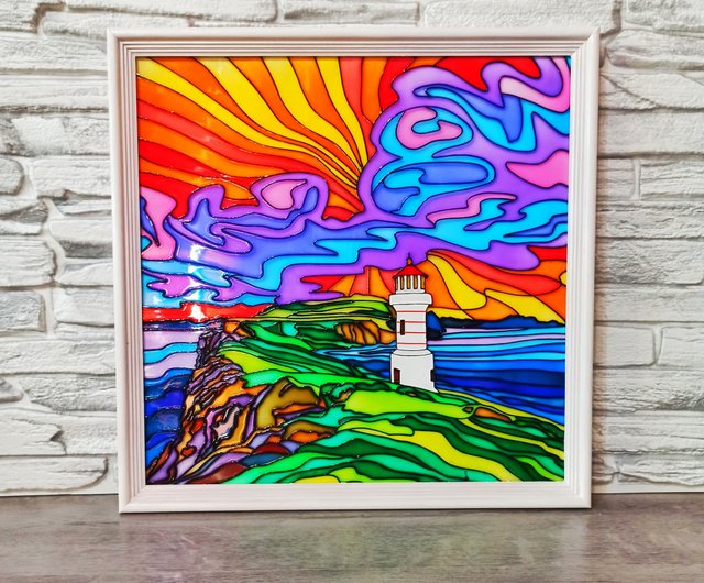 海辺の灯台の絵画美しい夕日手描きのアートステンドグラスの装飾