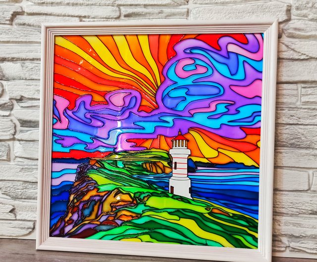 海辺の灯台の絵画美しい夕日手描きのアートステンドグラスの装飾