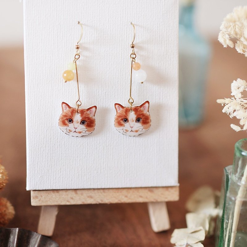 小動物天然石手工耳環-橘貓汽水 可改夾式 - 耳環/耳夾 - 樹脂 咖啡色