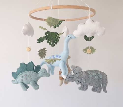sweetbabyfelt Dinosaur Baby Mobile Felt,Baby Shower Gift,Dino Crib Cot Nursery Mobile Decor
