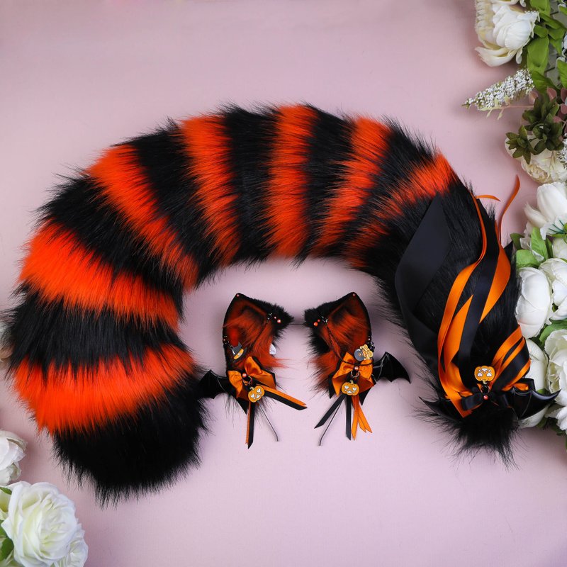 Pumpkin Cheshire Cat Ears and Tail Set Faux Fur Ears and Tail Set - เครื่องประดับผม - ไฟเบอร์อื่นๆ สีส้ม