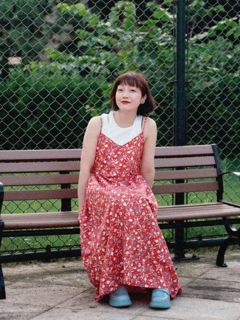 Red Floral Cotton Sling Dress - One Piece Dresses - Cotton & Hemp Red