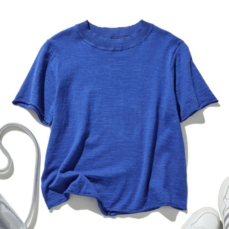 Simple and elegant cotton Linen knit Summer knit Blue 240707-2 - เสื้อผู้หญิง - ผ้าฝ้าย/ผ้าลินิน 