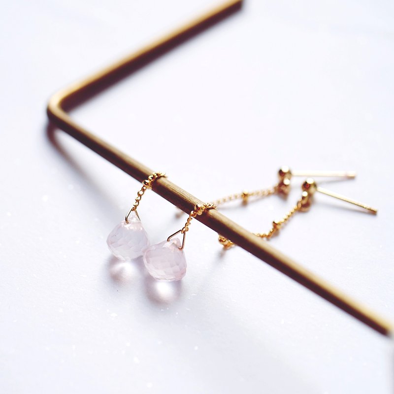 Natural powder crystal fat long-chain earrings crystal clear 14K GF recruiting love stone - Earrings & Clip-ons - Gemstone Pink