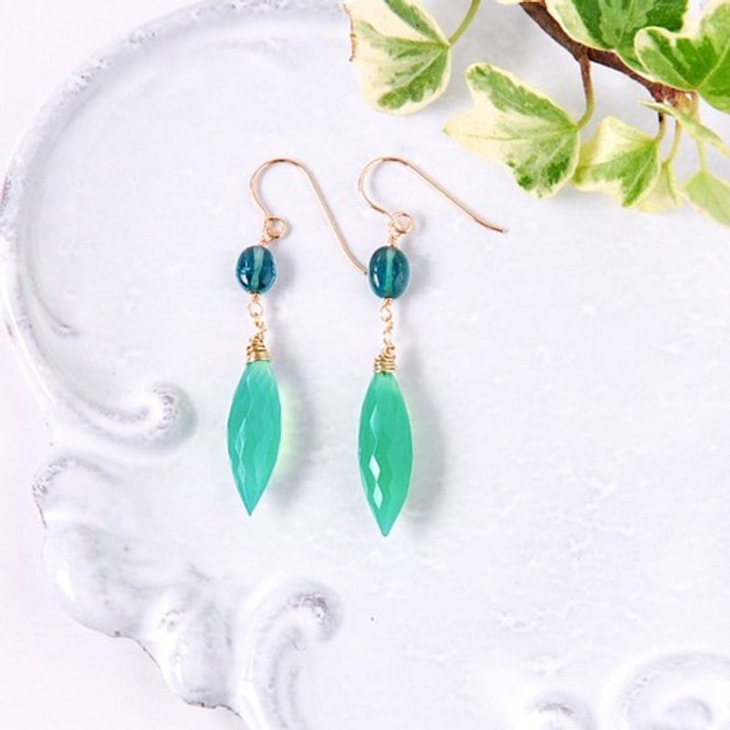 14kgf/green onyx dew drop x blue green tourmaline earrings - ต่างหู - เครื่องเพชรพลอย 