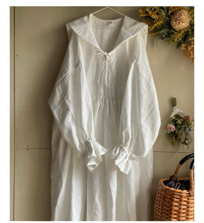 セーラーレース襟ギャザーワンピース - 洋裝/連身裙 - 棉．麻 白色