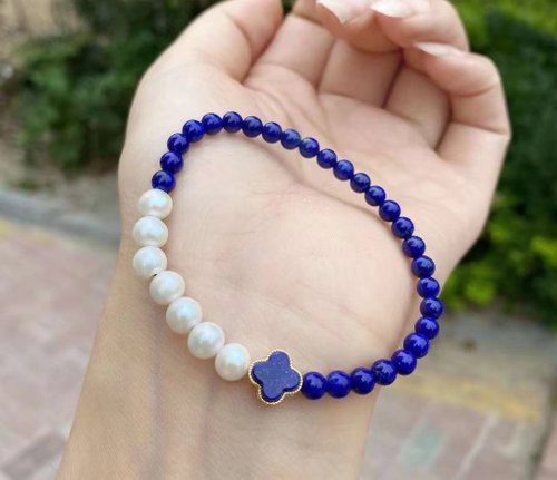 Angel's tears 天使之淚 Jewelry Design 星光天空 天然原礦青金石 珍珠純銀鑲嵌青金四葉草設計單圈手串