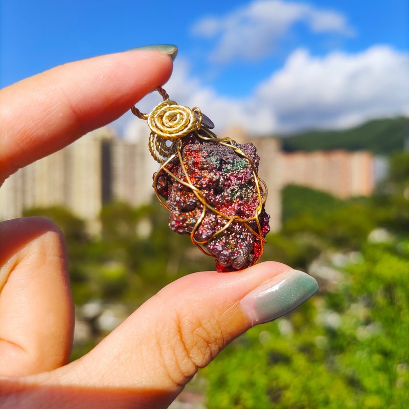 收藏級 - 桃紅色七彩力泥活石 吊墜系列 招財 升運 冥想 改善氣場 - 項鍊 - 寶石 紅色