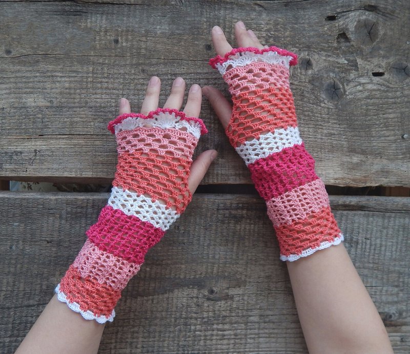 Crochet cottagecore cotton fingerless gloves knitted wedding lace pink gloves - Gloves & Mittens - Cotton & Hemp Pink