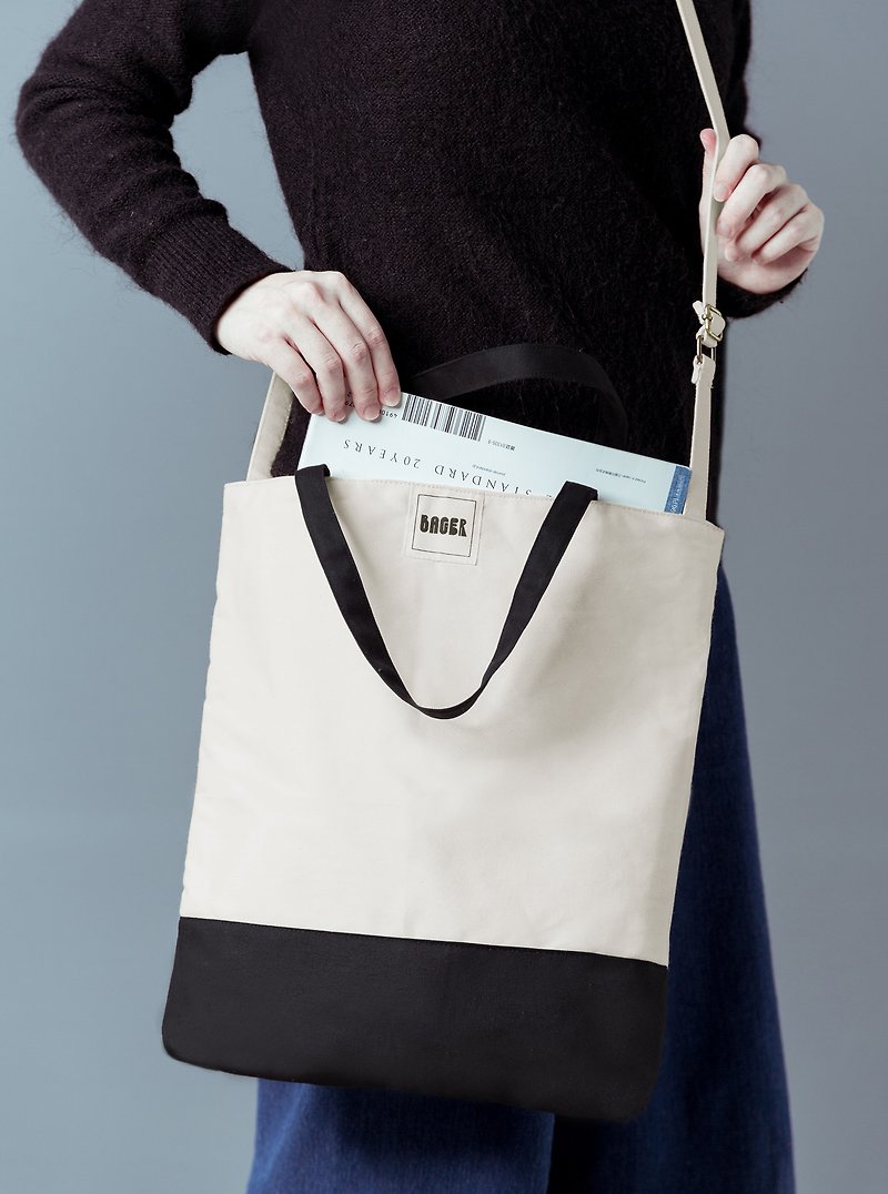 Unprinted color matching adjustable strap three-purpose canvas bag / shoulder / hand-held / cross-body / beige + black - กระเป๋าแมสเซนเจอร์ - ผ้าฝ้าย/ผ้าลินิน สีดำ