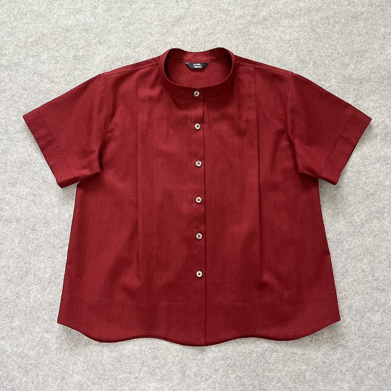 Tomato red short-sleeved shirt - เสื้อเชิ้ตผู้หญิง - ผ้าฝ้าย/ผ้าลินิน สีแดง
