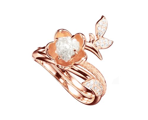 Majade Jewelry Design 鑽石鑽胚14k玫瑰金梅花求婚戒指套裝 獨特植物原石訂婚戒指組合