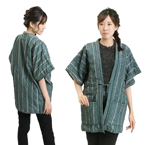 fuukakimono 半纏 外套 罩衫 日本 日式 絎縫半纏外套 和服 F 條紋/綠