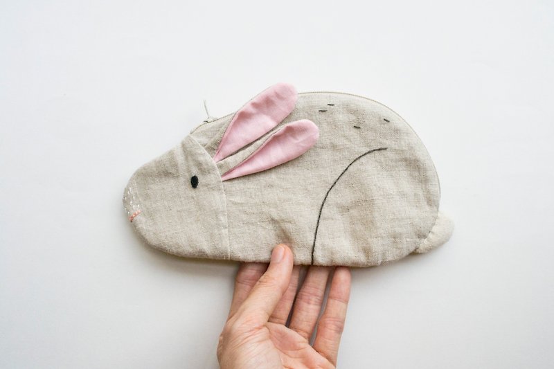 兔 Bunny Loaf small zip pouch case - Mist - Other - Cotton & Hemp Silver