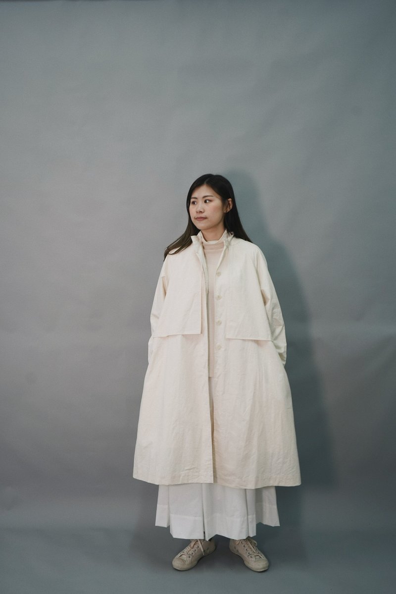 企領長身外套-米白 - 女大衣/外套 - 棉．麻 白色