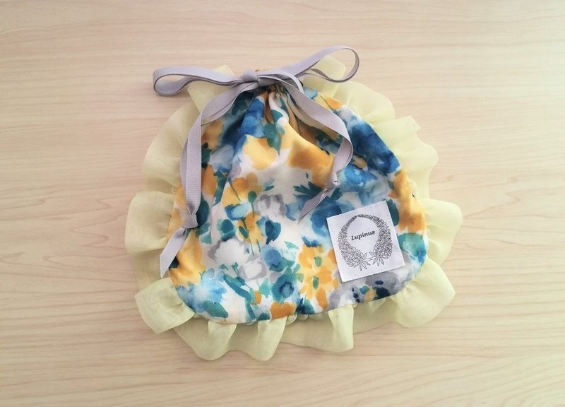 Colorful floral organza ruffle purse pouch yellow - กระเป๋าเครื่องสำอาง - ผ้าฝ้าย/ผ้าลินิน สีเหลือง