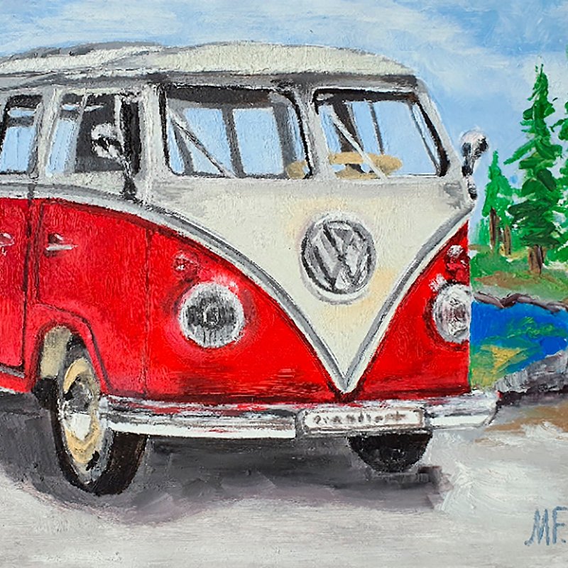 Bus Painting Volkswagen Transporter Original Art Retro Automobile Vintage Art - Posters - Other Materials Red