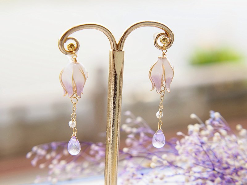 Original | happy lily of the valley gradient color stamen amethyst droplets tassels Silver gold earrings ear clips - ต่างหู - เรซิน สีม่วง