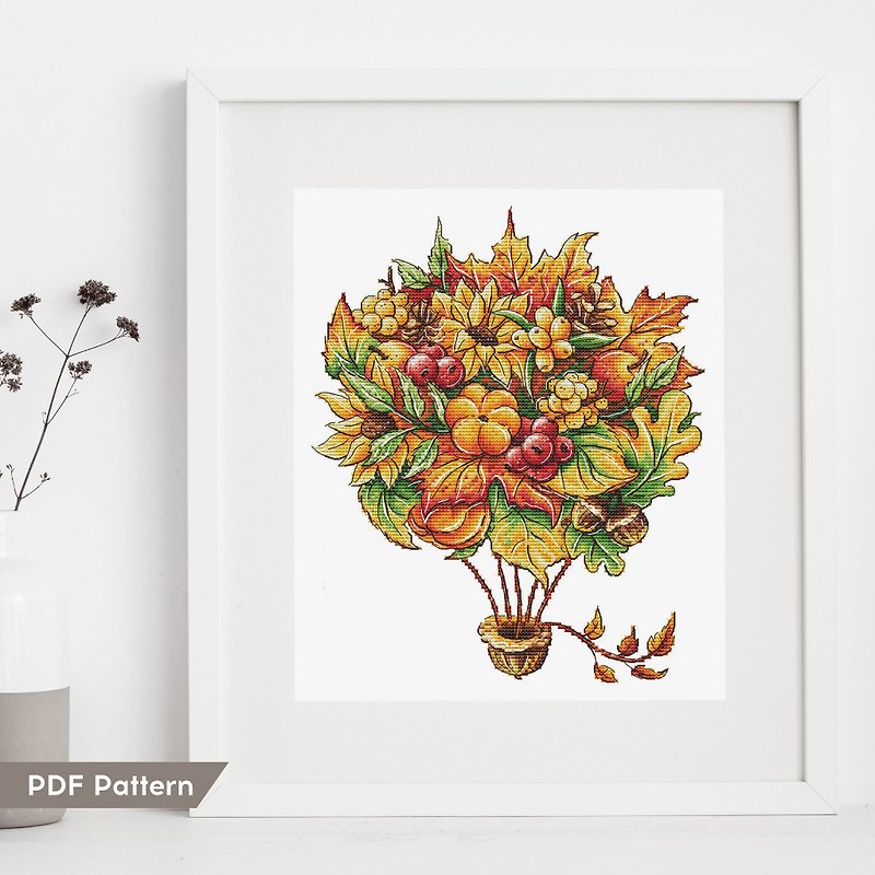 Autumn Balloon cross stitch pattern PDF digital download Fall Bouquet DIY décor