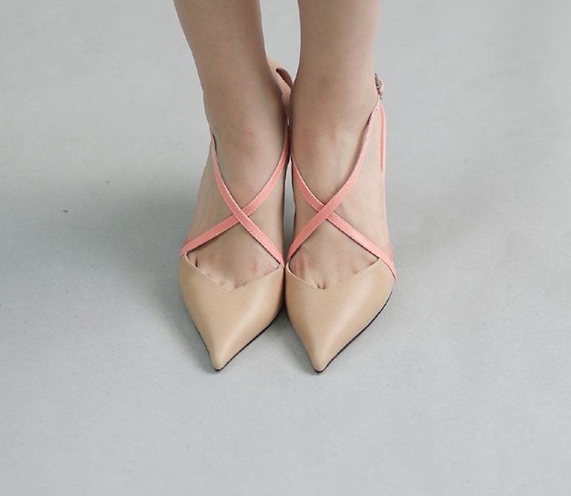 Cross Felt V Shoe Shapes Leather High Heels Camel Powder - Sandals - Genuine Leather Khaki