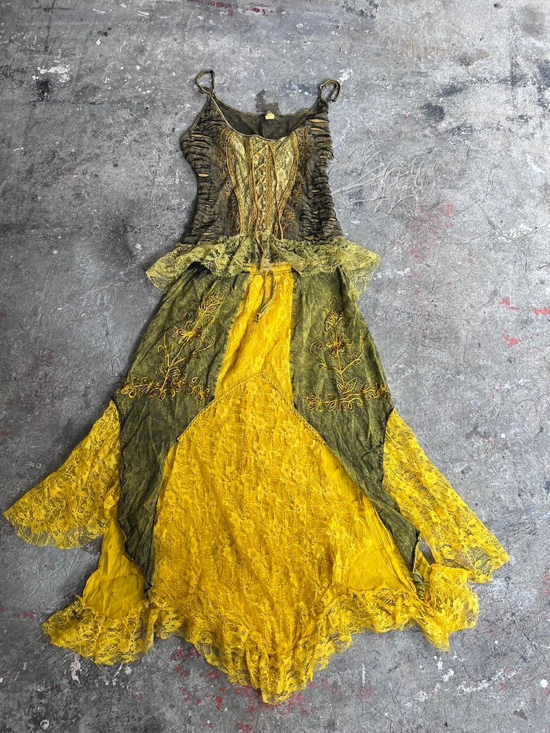 喜迎瑤 尼泊爾 植物染 刺繡背心 蕾絲拼接裙 長裙 民族風 嬉皮 - 裙子/長裙 - 棉．麻 黃色