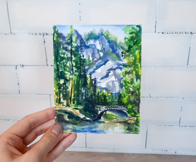橋の絵 オリジナル水彩画 山の風景 森の絵 - ショップ AsheArt