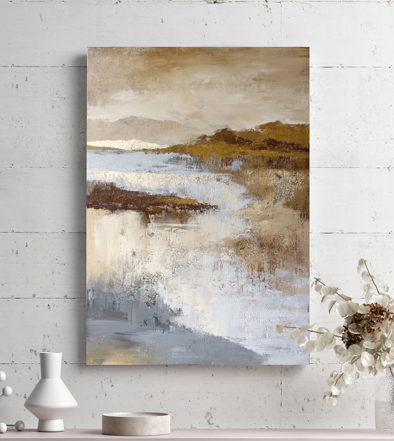 Abstract Nature | Abstract Landscape Painting in Cream and Gold | Mountain - 壁貼/牆壁裝飾 - 棉．麻 咖啡色