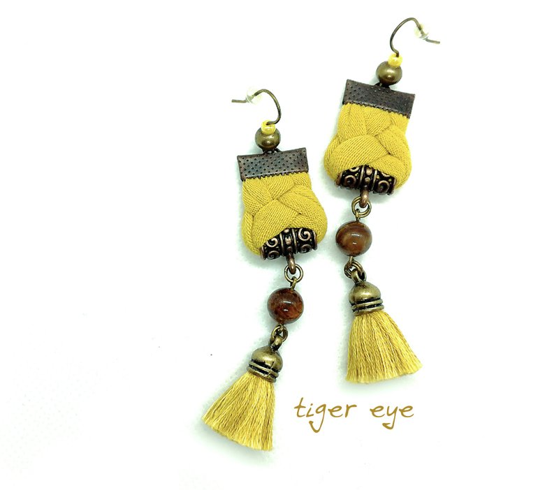 Indie Style Tiger Eye Beaded Bohemian Yellow Tassel Earrings Jewelry Gift IdeaIn - ต่างหู - เครื่องเพชรพลอย สีเหลือง