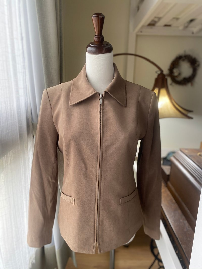 簡約百搭短絨淺棕古著外套 - 女大衣/外套 - 聚酯纖維 卡其色