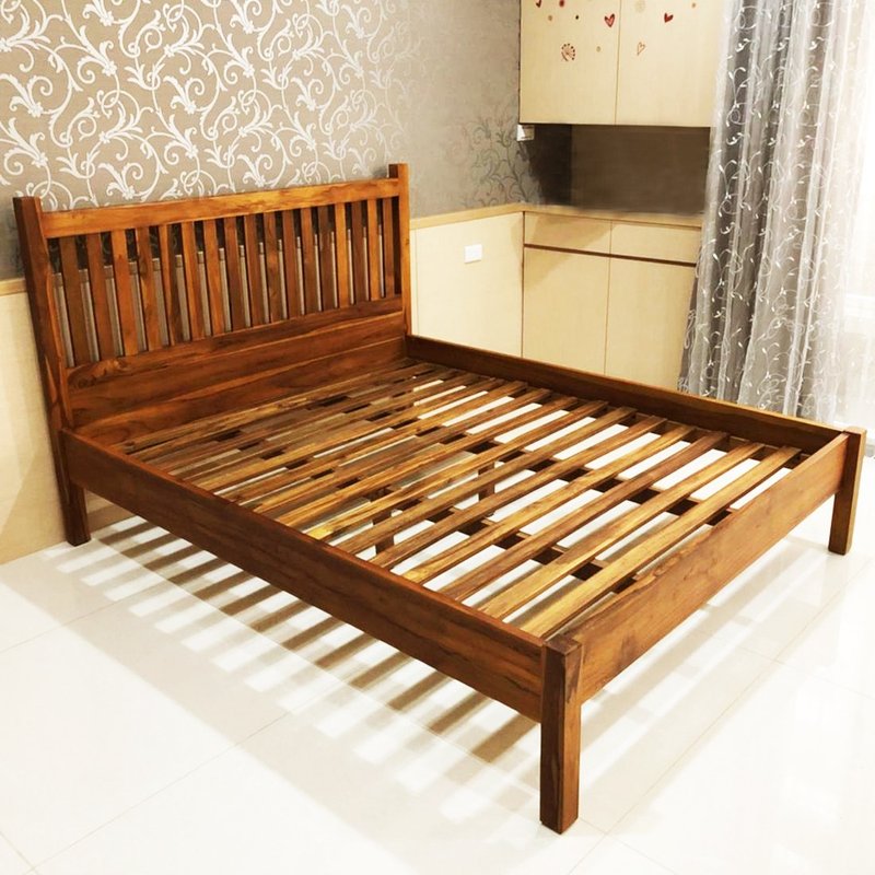 [Jidi City 100% Teak Furniture] KLF-04J Full Teak Simple Style Bed Frame Set Double Bed - Bedding - Wood Brown