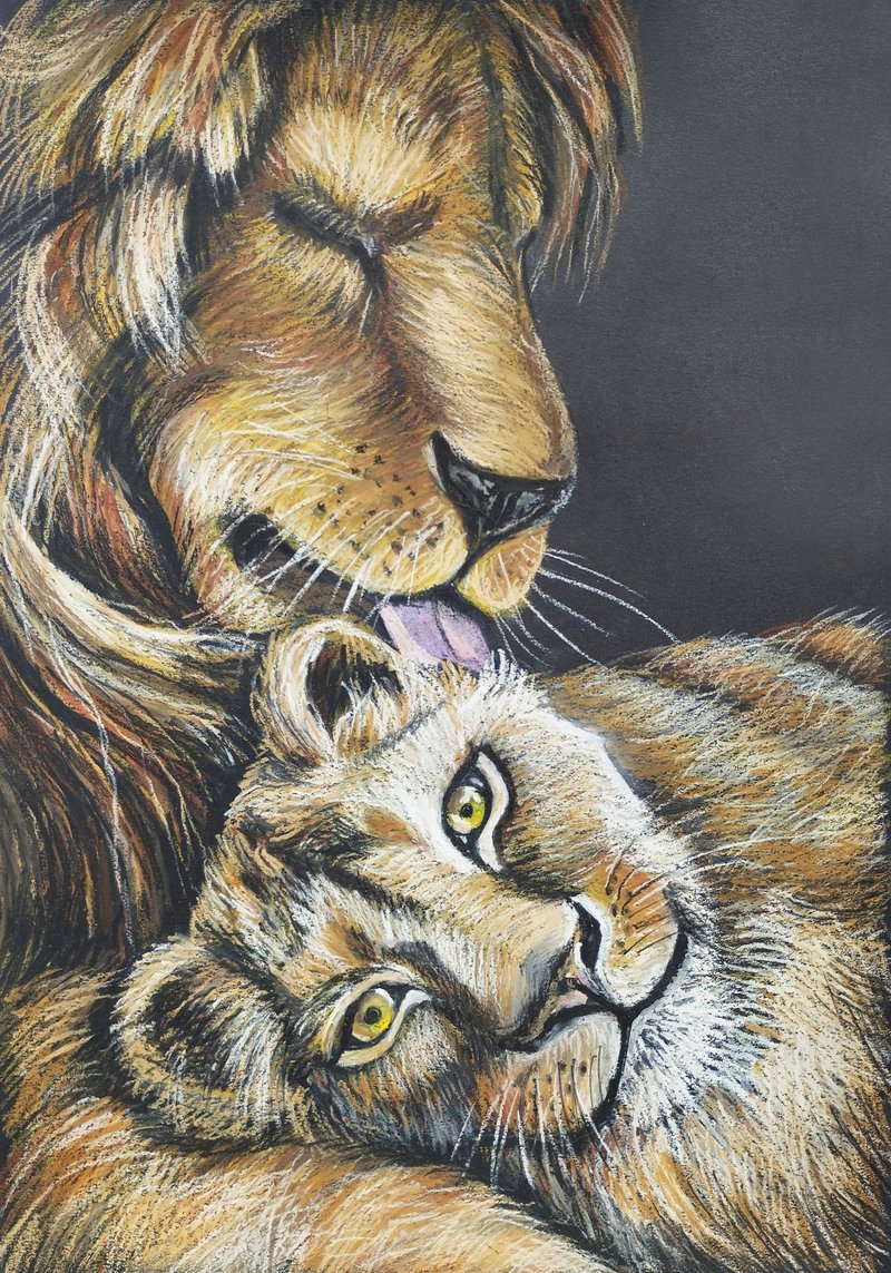 Lion and Lioness oil pastel picture of love animal painting graphics lions art - 壁貼/牆壁裝飾 - 紙 咖啡色