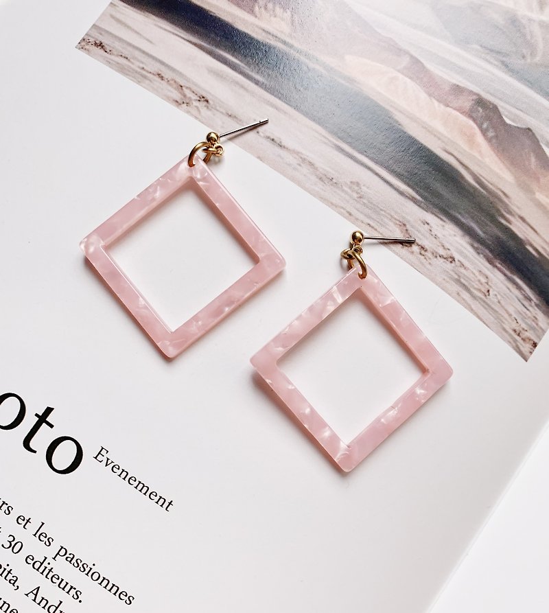 La Don - Drop Earrings - Resin Stone Basket Empty Square - Pink Pin/ Clip-On Optional