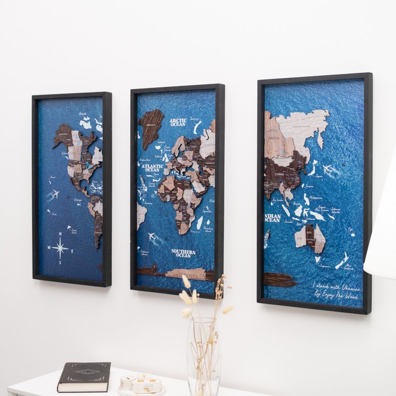 Triptych Wall Art, 3 Panel World Map, 3D Wooden World Map, Set of 3 Wall Art - Wall Décor - Wood Brown