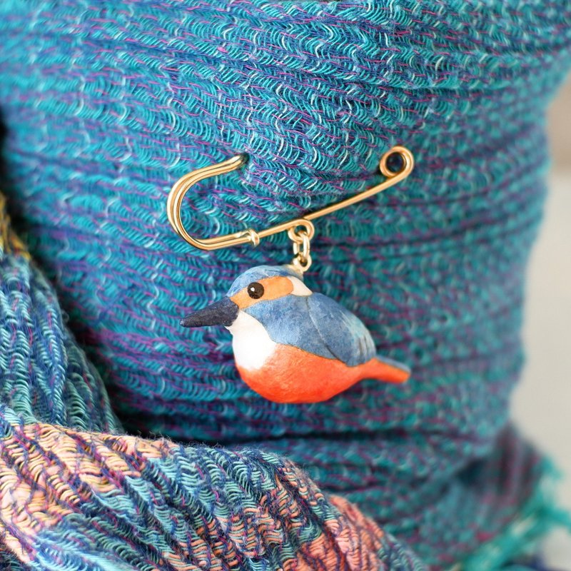 Washi paper accessory brooch kingfisher wild bird - เข็มกลัด - วัสดุอื่นๆ สีน้ำเงิน